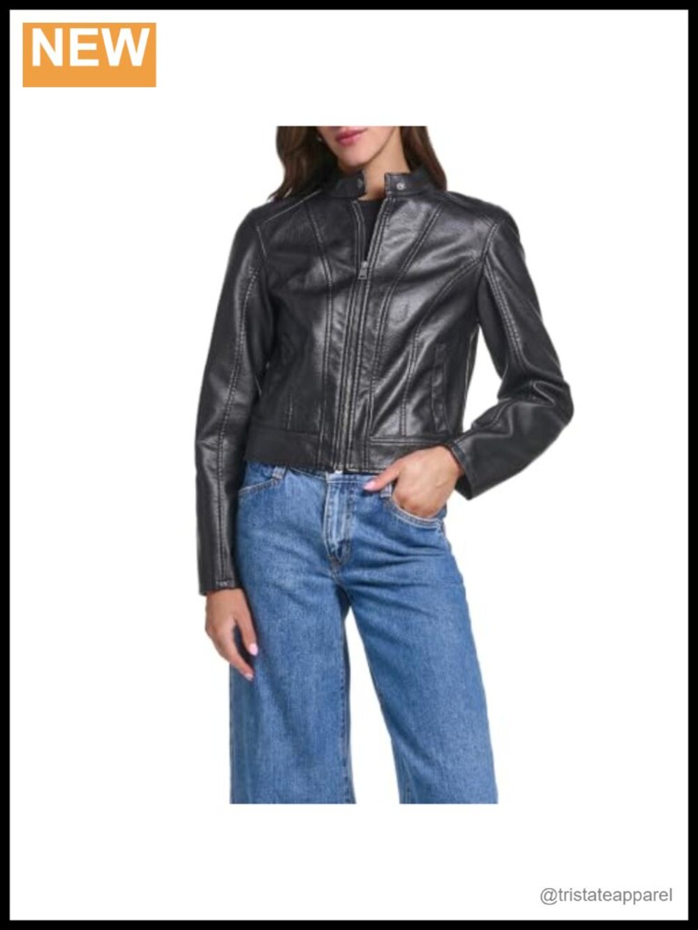 Faux Leather Racer Jacket for Women, Snap Collar, Zipper, Long Sleeve
